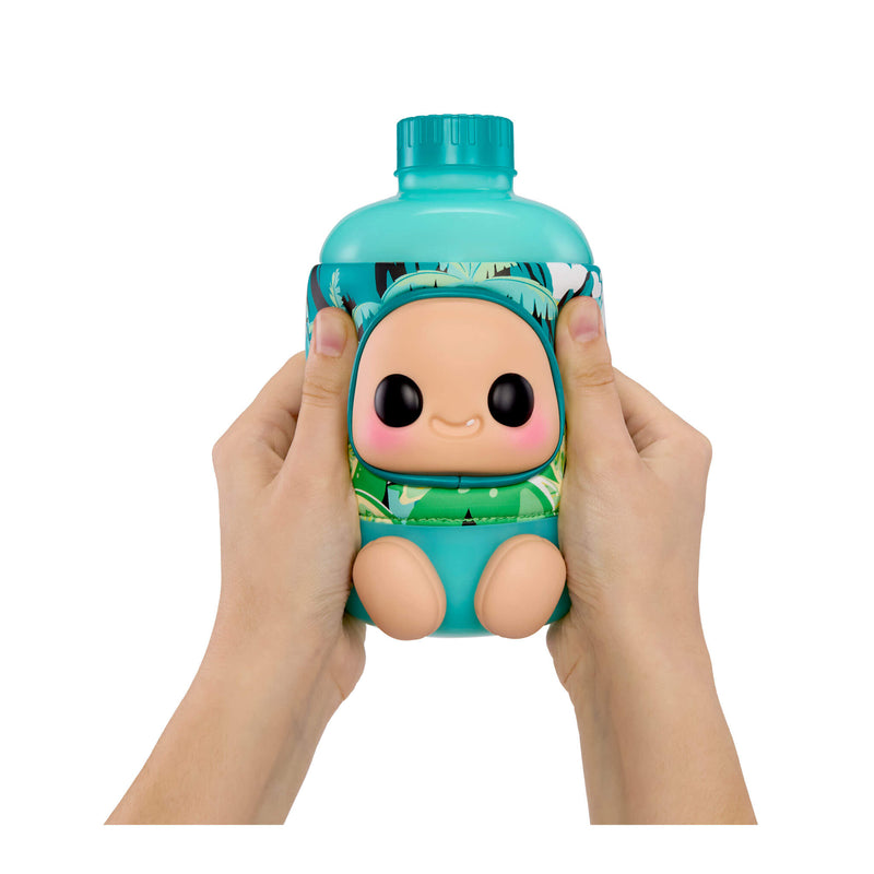 Two hands squishing the Teal bottle on a white background