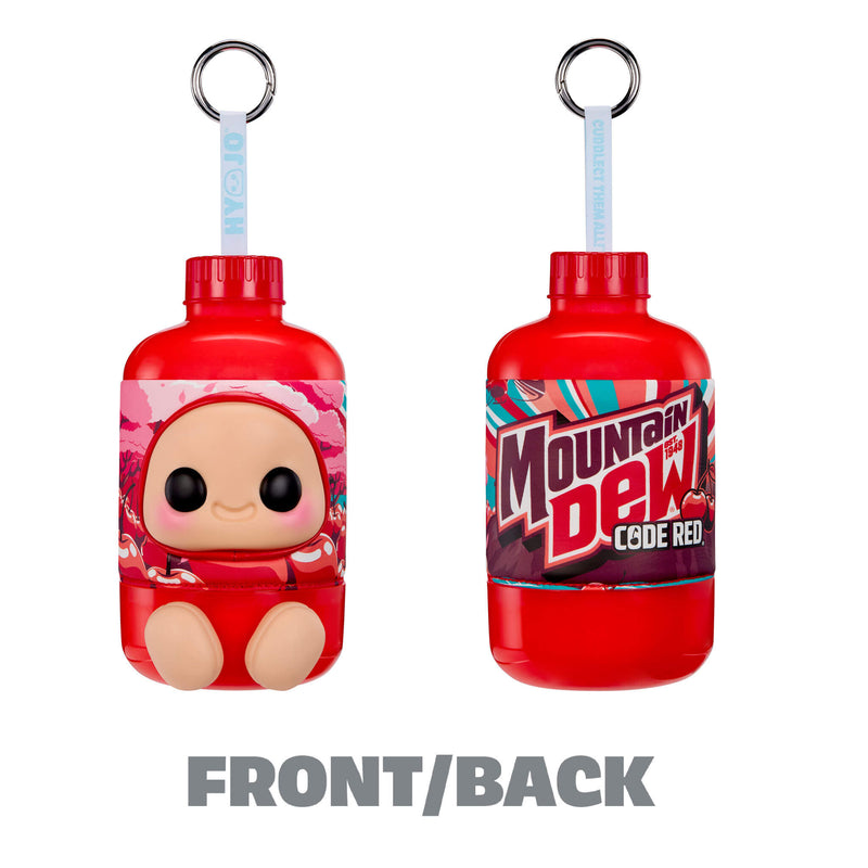 Front and back of Red Bottle keychain, front shows face with smile and back has the Mountain Dew Code Red logo with text at the bottom 'FRONT/BACK' on a white background