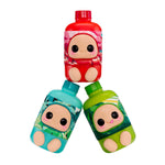 Three Mountain Dew bottles-Teal is on the left bottom, Green is on the right bottom and the red bottle is sitting on top on a white background