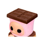 Shows candy bar top with 'HERSHERYS' on it six times - along with a face on a pink marshmallow.