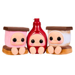 Three HERSHEY items; left half a smore with pink marshmallow, middle red bottle and the right side a smore with white marshmallow on a white background