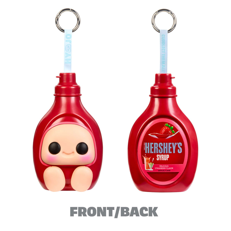 Two Strawberry Syrup bottles shown side by side on a white background, one displaying the front with a cute character face and the other showing the back. Both have metal keyrings. With text 'FRONT /BACK' below.