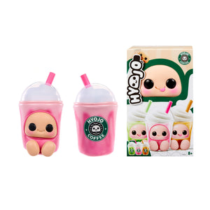 Two pink character drink cups with straws and a matching retail box on a white background. The cups feature a cute cartoon face and the brand name 'Hyojo Coffee' is visible on the front of the packaging.