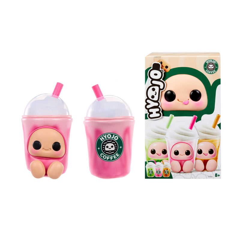 Two pink character drink cups with straws and a matching retail box on a white background. The cups feature a cute cartoon face and the brand name 'Hyojo Coffee' is visible on the front of the packaging.