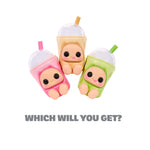Three character drink cups with straws, pink on the left, beige in the middle and green on the right, with text below ‘WHICH WILL YOU GET?’