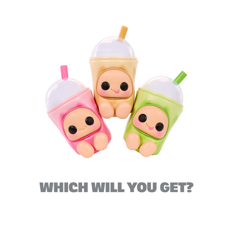 Three character drink cups with straws, pink on the left, beige in the middle and green on the right, with text below ‘WHICH WILL YOU GET?’