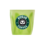 A light green plastic cup featuring a parody logo that combines the Starbucks style with the text 'HYOJO COFFEE' and a cartoon character  shown on a plain white background.
