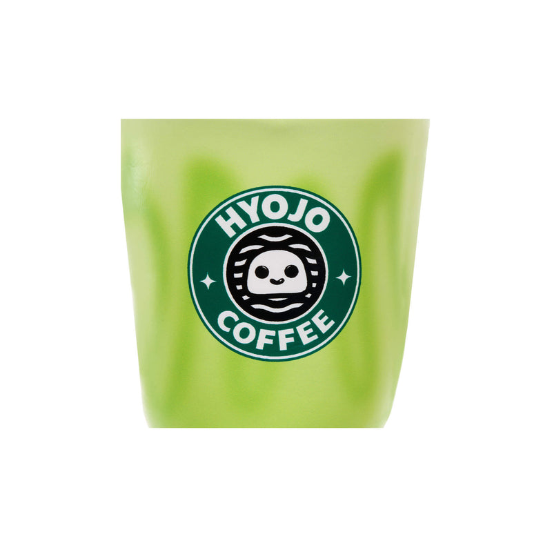 A light green plastic cup featuring a parody logo that combines the Starbucks style with the text 'HYOJO COFFEE' and a cartoon character  shown on a plain white background.