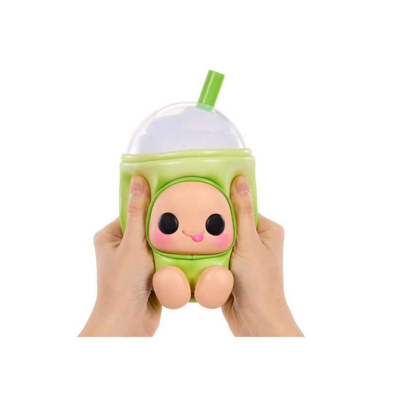 A hands-held squishy toy shaped like a cute green drink cup with a smiling face, shown against a plain white background.