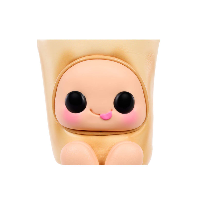 A cute, stylized vinyl figure of a character with large black eyes, pink cheeks, and a small pink tongue, set against a solid white background.