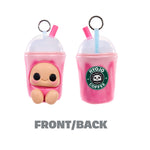 Two pink coffee cup keychains shown side by side on a white background, labeled FRONT/BACK. One has a cartoon face and the other has a green circular 'HYOJO COFFEE' logo.