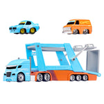Blue and orange toy semi car hauler with two smaller toy cars, one blue, one orange on a white background