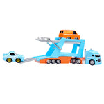 Semi car hauler with orange car sitting on the top and blue car on the gray ramp