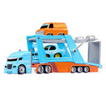 Semi facing left, 'CARTUNED' on drivers side, ramp is closed with blue car on the bottom and orange van on the top.