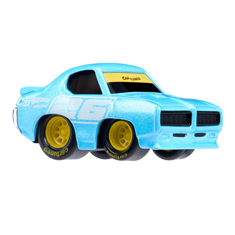 Blue racing car with 'CARTUNED' on the upper front window and on the tires, number 26 on the side and 'CARTUNED RACING’ on the back fender.