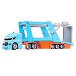 Blue Semi facing left, 'CARTUNED' on drivers’ side, ramp is closed on a white background.