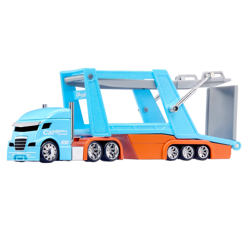 Blue Semi facing left, 'CARTUNED' on drivers’ side, ramp is closed on a white background.