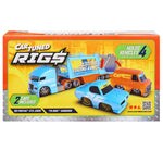 Back of packaging with hauler and cars. Upper left has the ‘CARTUNED RIG$’ logo, upper right states ‘HOLDS 4 VEHICLES’ varies by car selection.