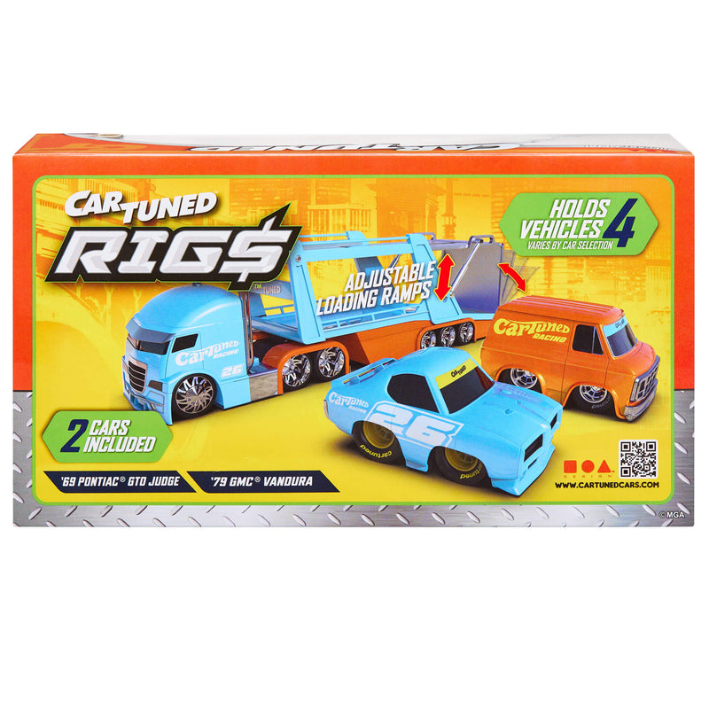 Back of packaging with hauler and cars. Upper left has the ‘CARTUNED RIG$’ logo, upper right states ‘HOLDS 4 VEHICLES’ varies by car selection.