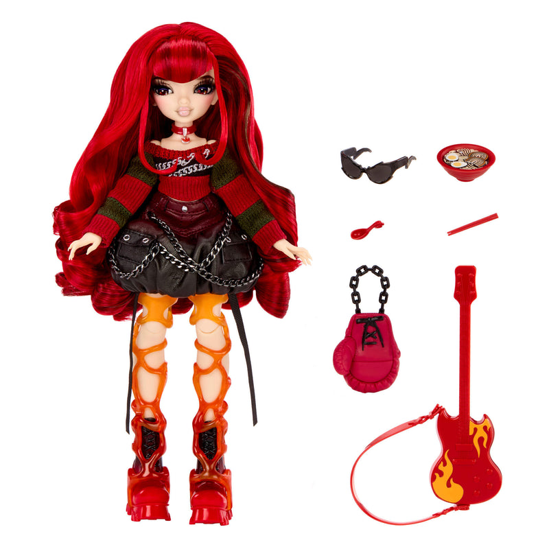 Doll with red hair dressed with accessories on a white background