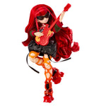 Doll with red hair, black leather skirt, red boots holding a guitar on a white background