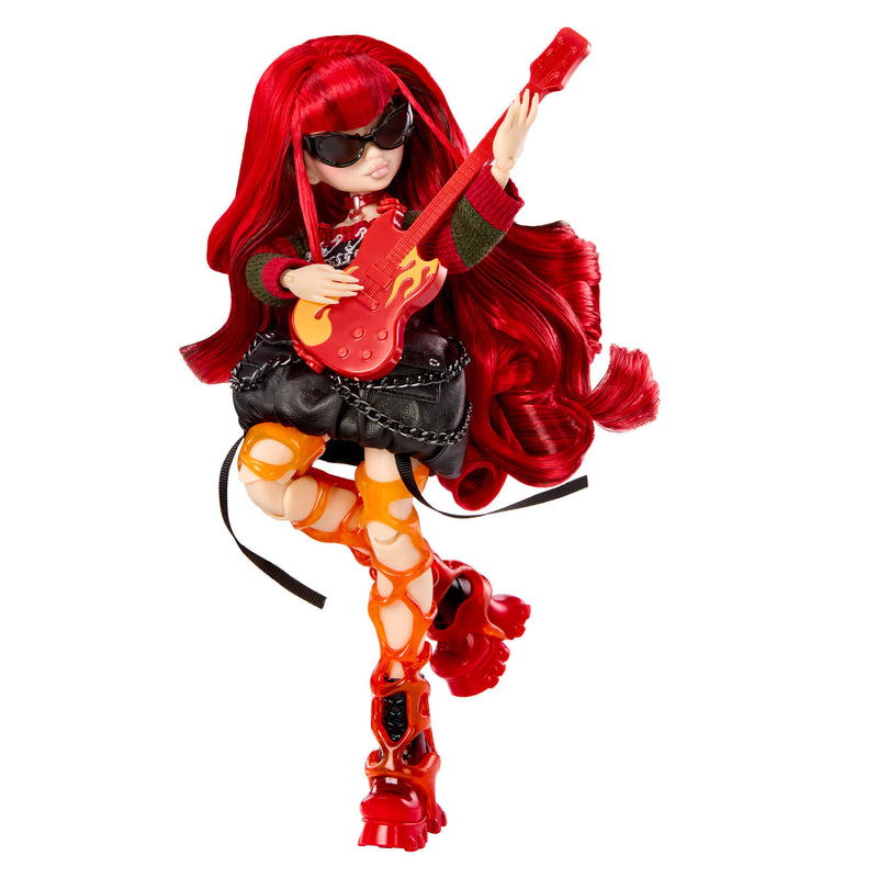 Doll with red hair, black leather skirt, red boots holding a guitar on a white background