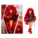 Mirror Mi Blaze Maxx doll with long red hair, shown both inside its retail packaging and standing outside it on a white background. The doll wears a black outfit with red and orange accents, holding a red guitar, and accessories are displayed on the box.