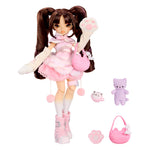 Doll with brown hair dressed in pink with accessories on a white background