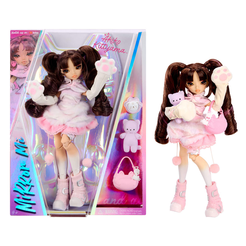 Fashion Doll Akiko Kittyama standing next to packaging on a white background