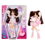 Mirror Mi Akiko Kittyama doll shown both inside its pink and holographic retail packaging on the left, and as a loose figure on the right against a plain white background. The doll has long dark brown pigtails, wears a light pink dress and matching boots, holds a small pink plush, and has a pink purse accessory visible in the package.
