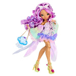 Doll with long wavy purple and pink hair, wearing a pastel multicolor dress and holding a blue cloud-shaped purse, photographed on a plain white background.