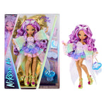 Mirror Mi Luna Skye doll shown both inside its retail packaging and standing outside it on a plain white background. The doll has long wavy purple hair, a lavender and mint tutu dress, and holds a blue purse.
