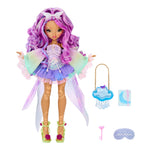Doll with pink hair dressed in purple with accessories on a white background