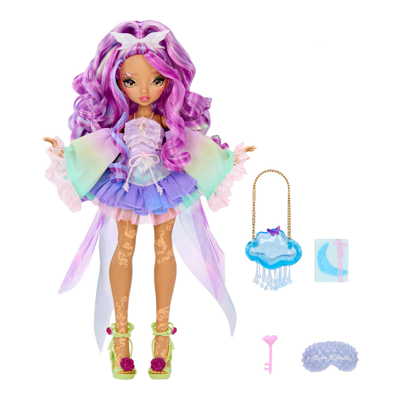 Doll with pink hair dressed in purple with accessories on a white background