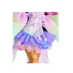 Shimmer top with a purple skirt, pink lace underneath on a white background