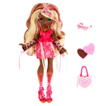A doll with long blonde and pink hair stands on a white background wearing a pink dress, pink lace-up accessories, and pink shoes. To the right are matching pink accessories: sunglasses, a heart-shaped box, and a heart-shaped handbag.