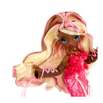 Doll with blonde hair with brown and pink highlights on a white background