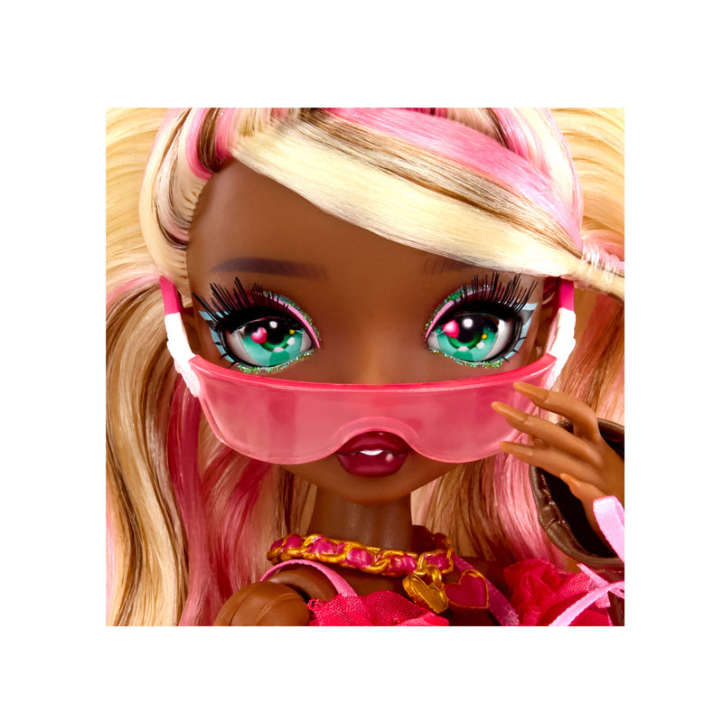 Close up of green eyes with sunglasses on a white background