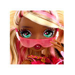 A close-up of a doll with blonde and pink hair, bright green eyes, wearing  translucent pink sunglasses and a pink necklace with gold accents.