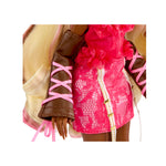 pink lace skirt with brown arm covers on a white background