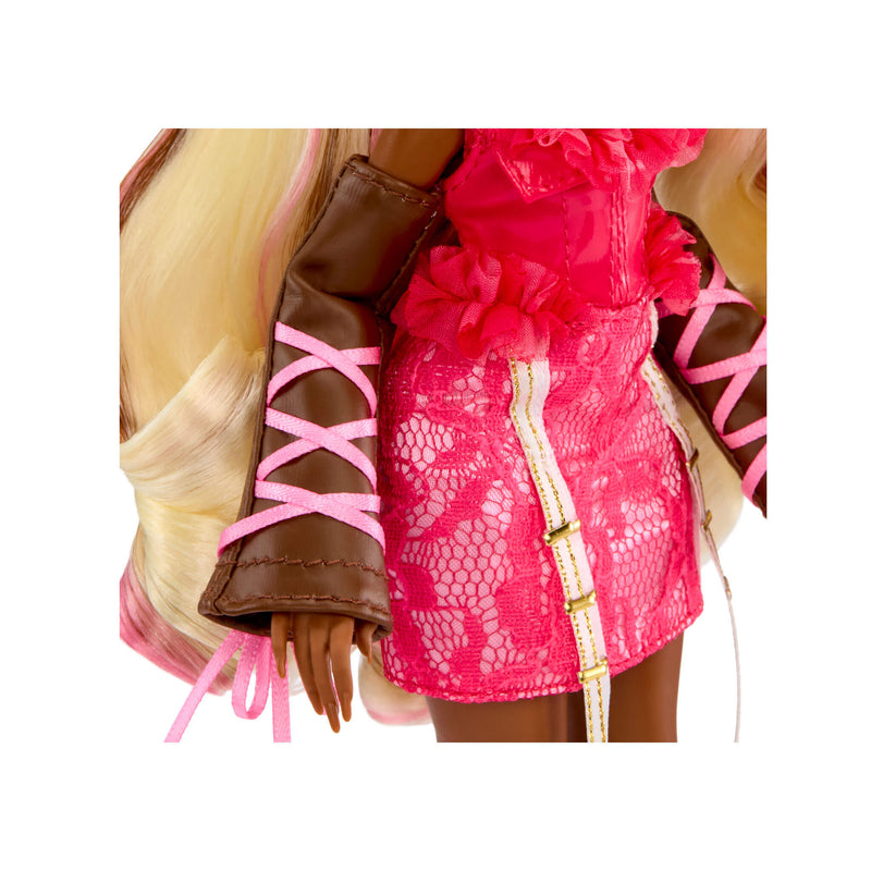 pink lace skirt with brown arm covers on a white background