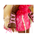 A close-up of a doll wearing a bright pink lace mini skirt with a gold trim, a pink ruffled top, and brown arm warmers with pink laces, shown against a white background.