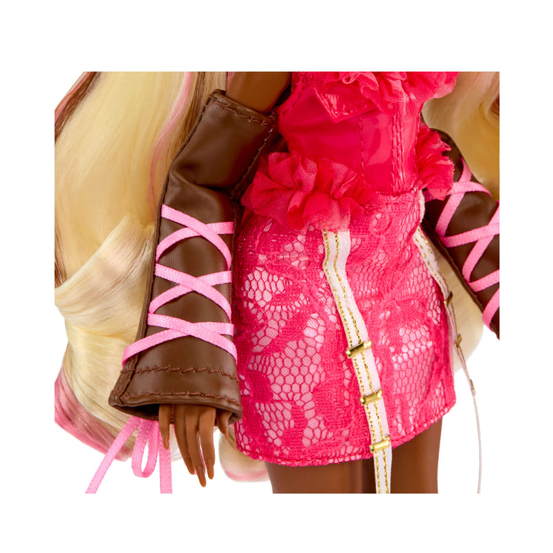 A close-up of a doll wearing a bright pink lace mini skirt with a gold trim, a pink ruffled top, and brown arm warmers with pink laces, shown against a white background.