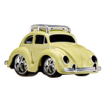 “Green” VW Beetle with silver wheel rims and silver car carrier on roof on a white background