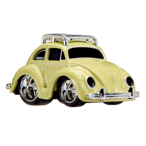 “Green” VW Beetle with silver wheel rims and silver car carrier on roof on a white background