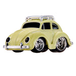“Green” VW Beetle with silver wheel rims and silver car carrier on roof on a white background