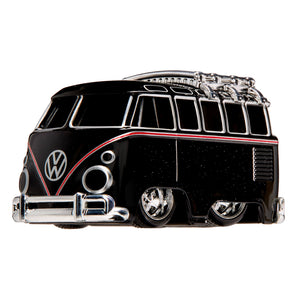 Sparkly, black, VW "Microbus" with silver wheel rims and a silver rack on roof on a white background