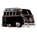 Sparkly, black, VW "Microbus" with silver wheel rims and a silver rack on roof on a white background