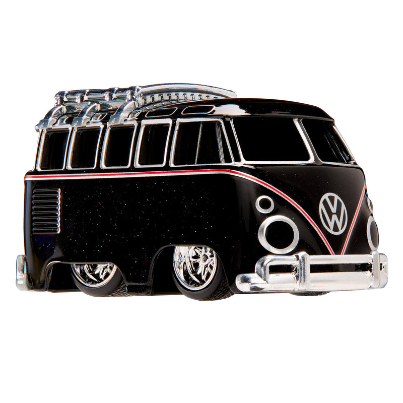 Sparkly, black, VW "Microbus" with silver wheel rims and a silver rack on roof on a white background