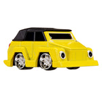Yellow, VW Thing with silver wheel rims and black roof on a white background
